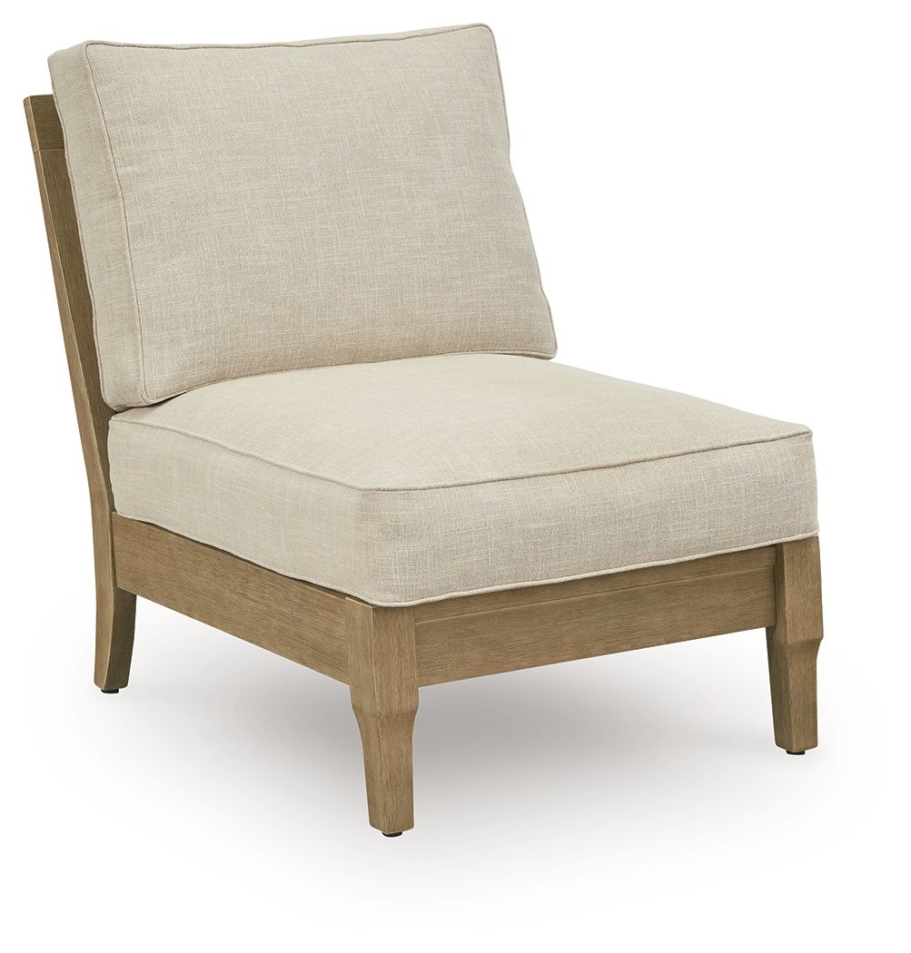 Beige armless accent chair with square back cushion and upholstered seat.