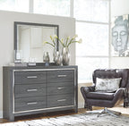 Gray dresser with mirror and six drawers, chrome bar handles, metal-trim frame