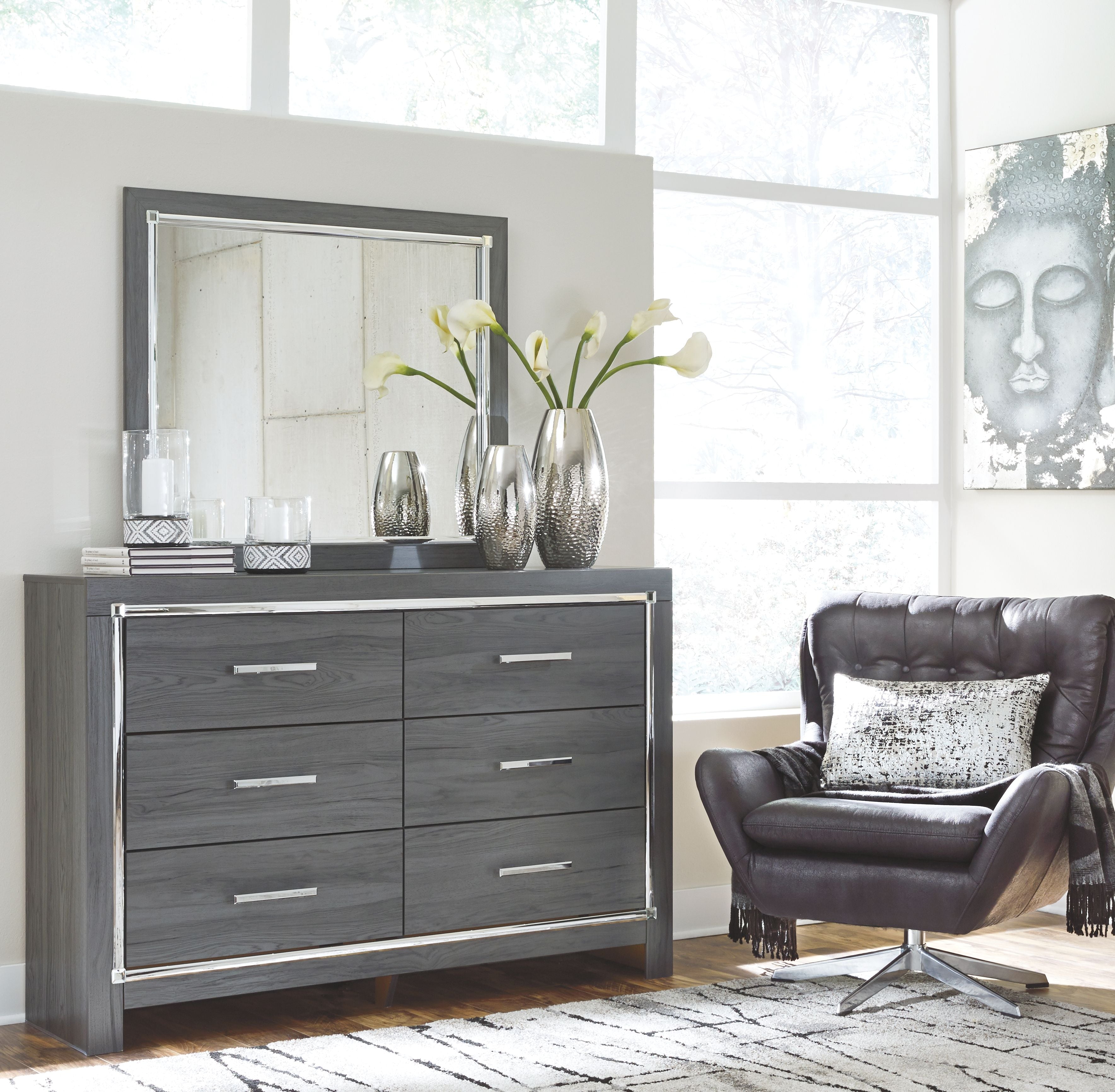 Gray dresser with mirror and six drawers, chrome bar handles, metal-trim frame