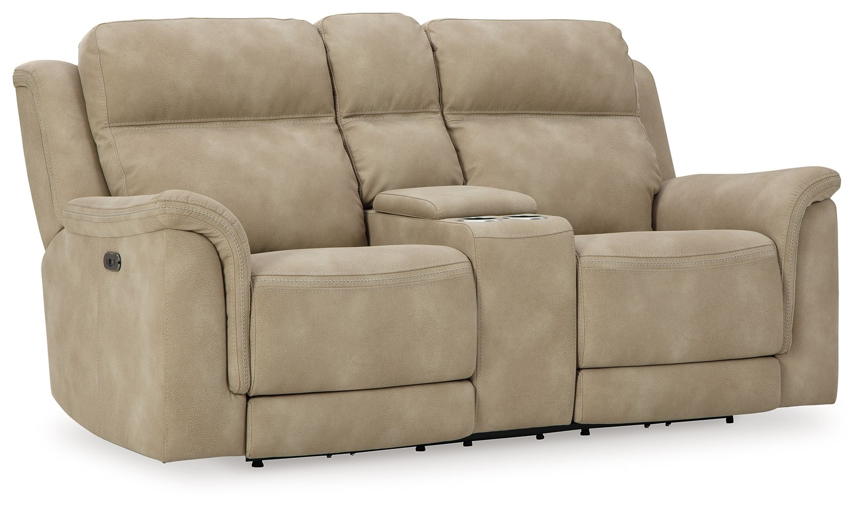 Beige reclining power loveseat with center console and wide padded armrests