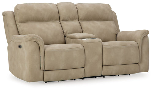 Beige reclining power loveseat with center console and wide padded armrests