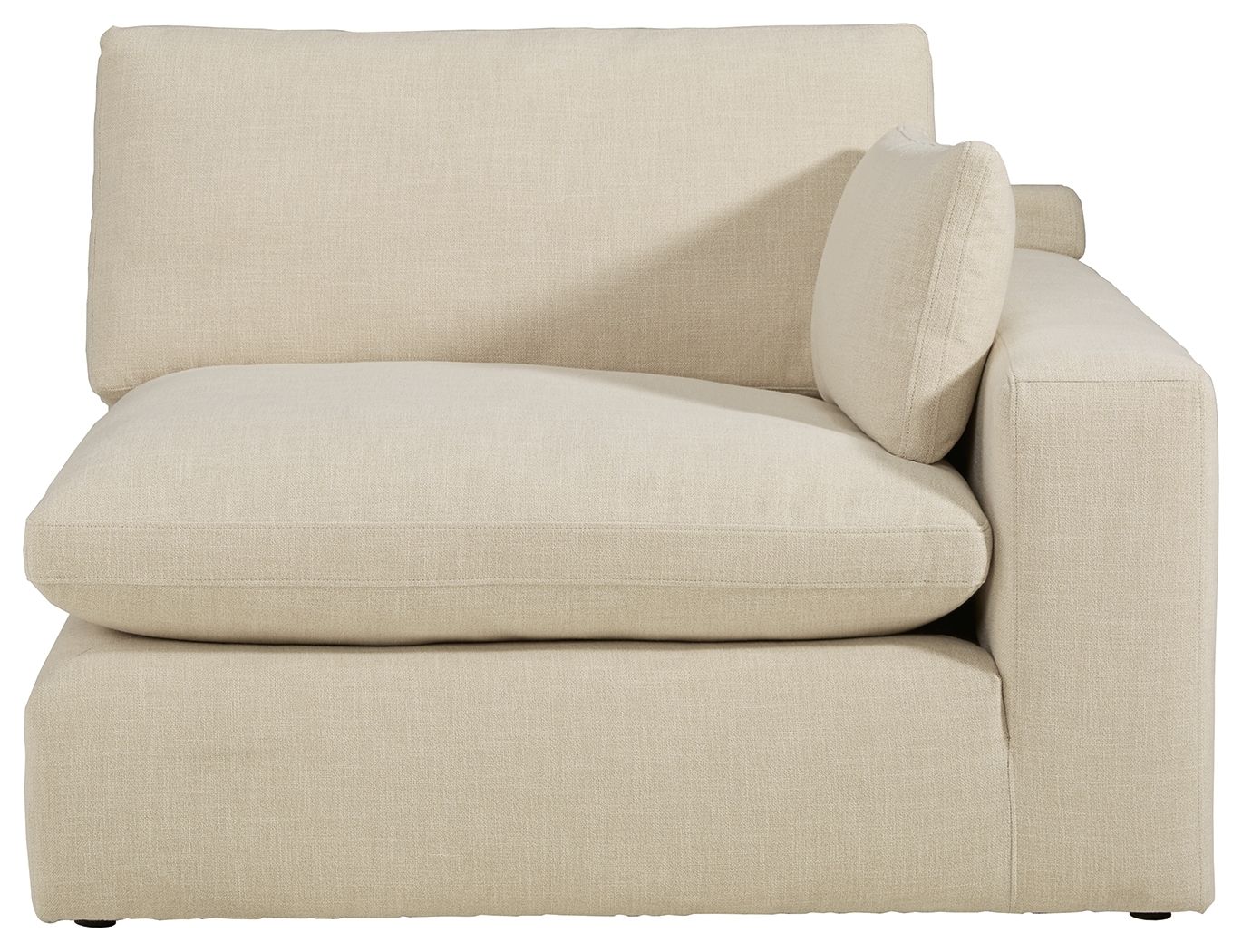 Light beige linen corner chair with rounded back and seat cushions