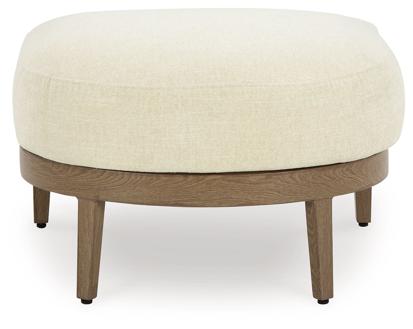 Round beige fabric ottoman with dark brown wooden legs