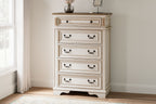 Distressed white five-drawer chest with ornate trim and dark metal pulls