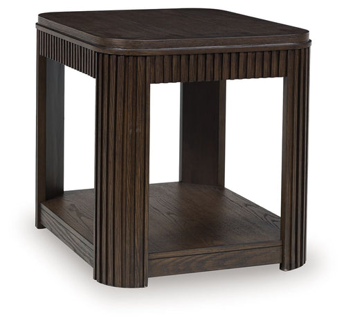 Dark brown rectangular end table with slatted sides and lower shelf, wood-look finish.