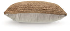 Tan woven pillow with light gray reverse, side view