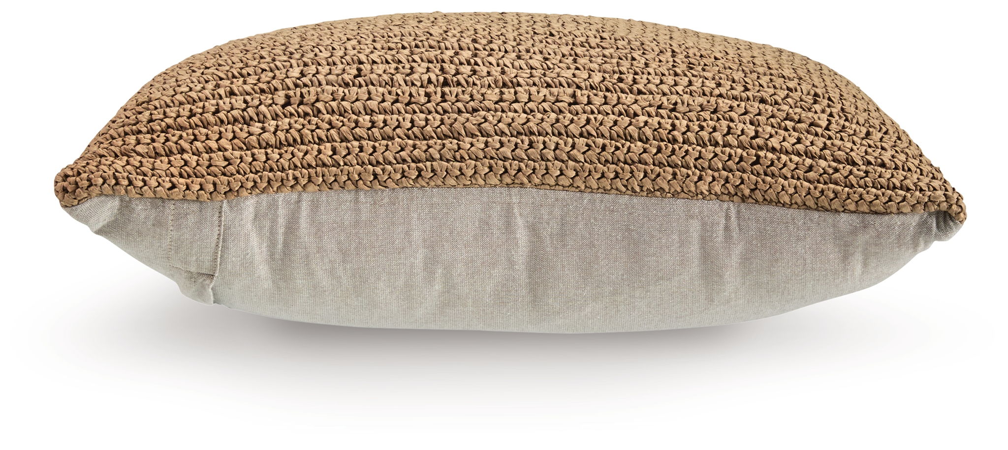 Tan woven pillow with light gray reverse, side view