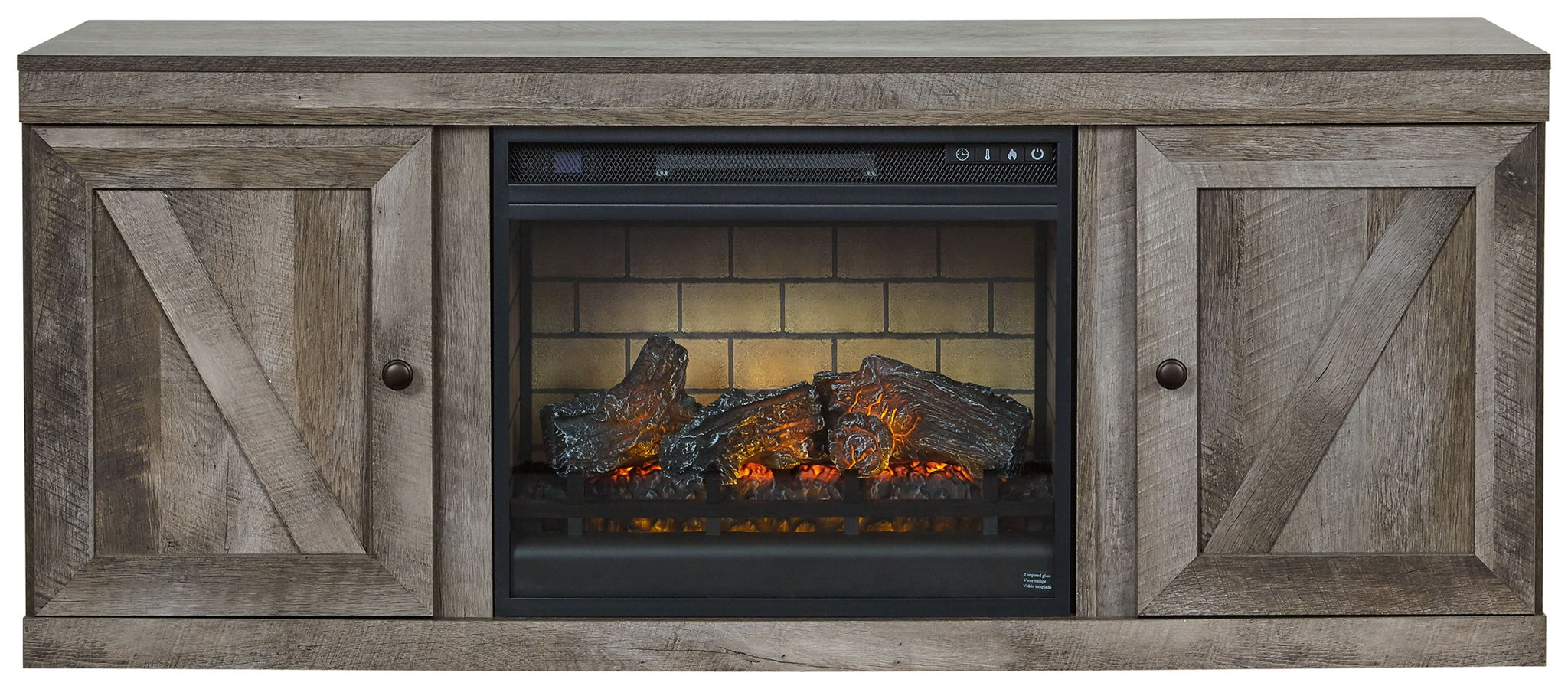 Gray TV stand with faux fireplace insert, center firebox and two cabinet doors