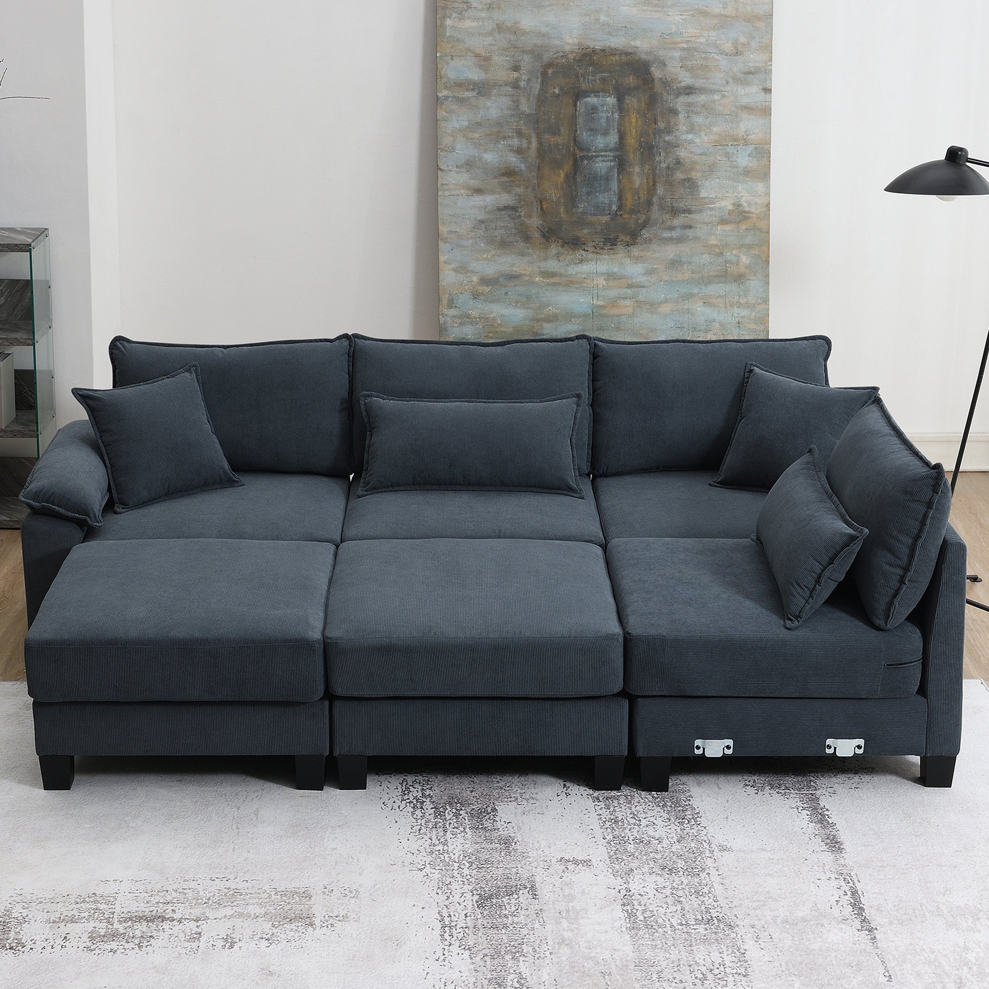 133*65" Corduroy Modular Sectional Sofa - U Shaped Couch with Armrest Bags - 6 Seat Freely Combinable Sofa Bed - Comfortable and Spacious Indoor Furniture for Living Room - Available in 2 Colors