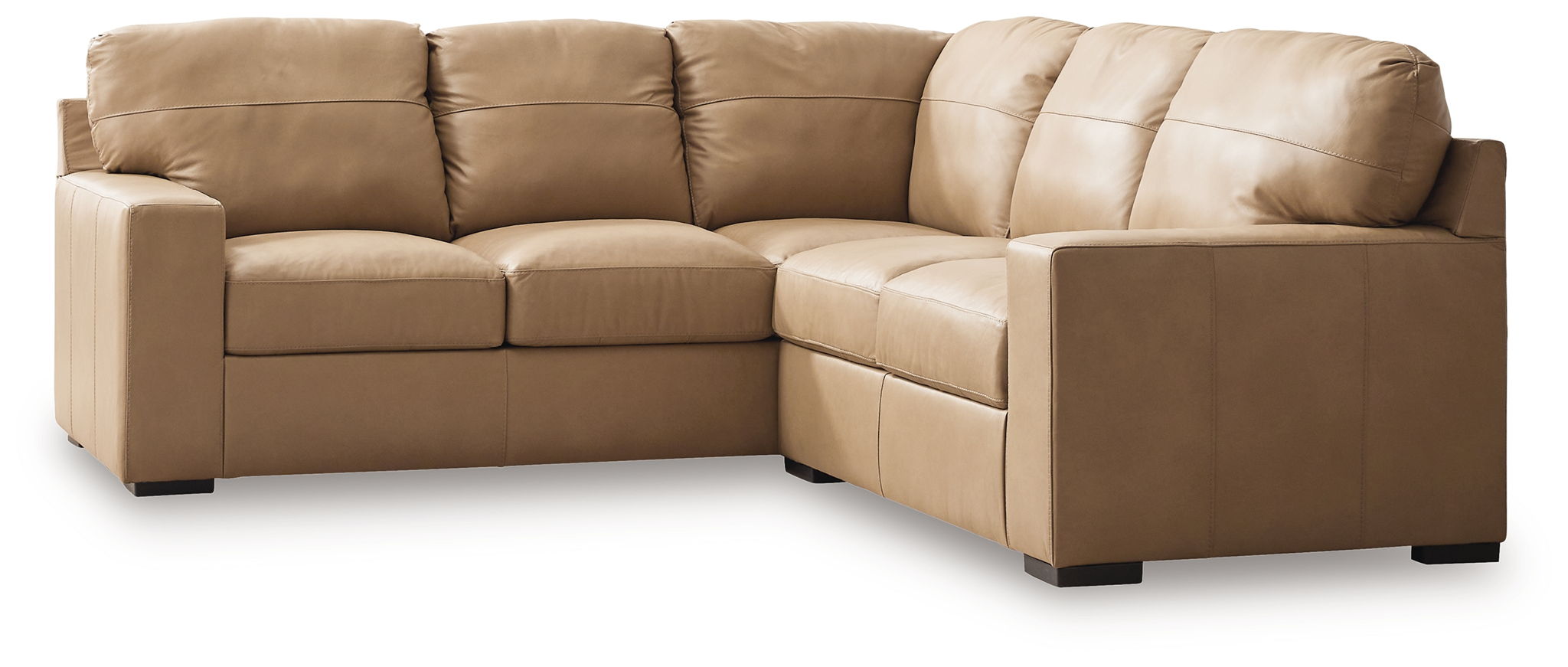 Light brown fabric sectional sofa with chaise and padded armrests