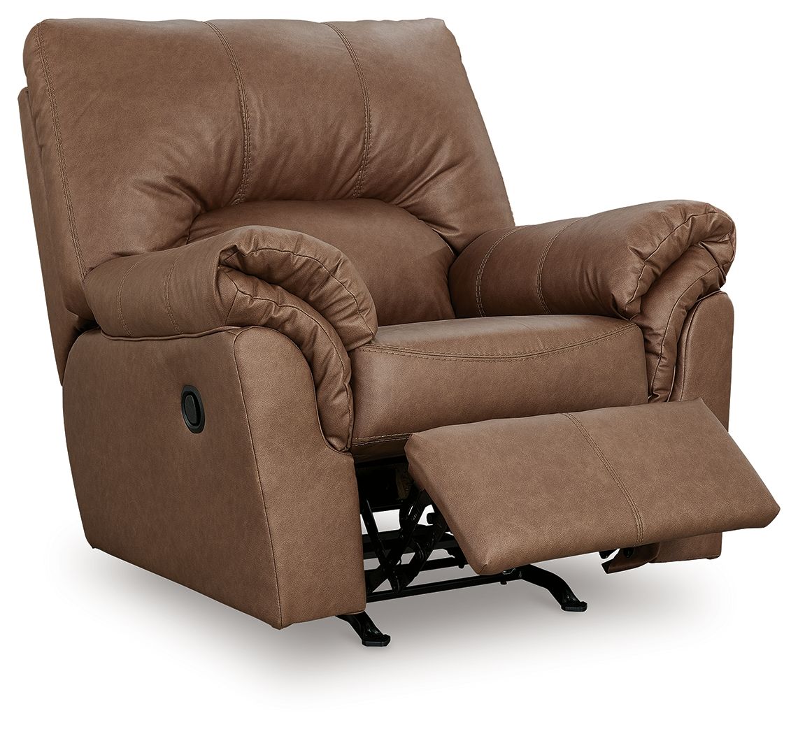 Caramel-brown upholstered rocker recliner with extended footrest and padded roll arms