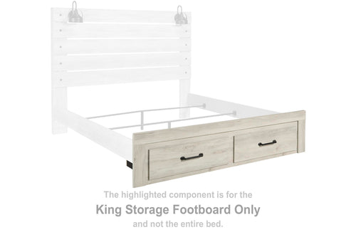 Whitewash king storage footboard with two drawers and dark handles