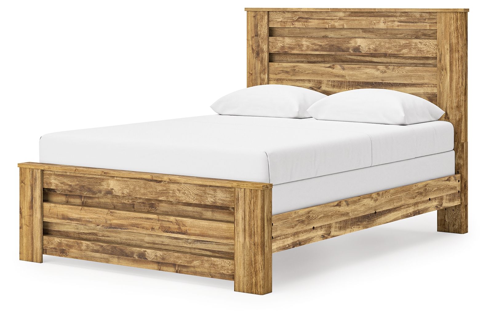 Light brown panel bed frame with low footboard, white mattress and two pillows