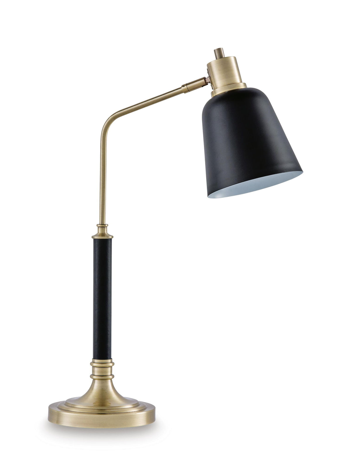 Black and brass metal lamp with curved arm and single cone shade on round base