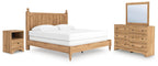 Light brown panel bed with white mattress, two nightstands, and dresser mirror