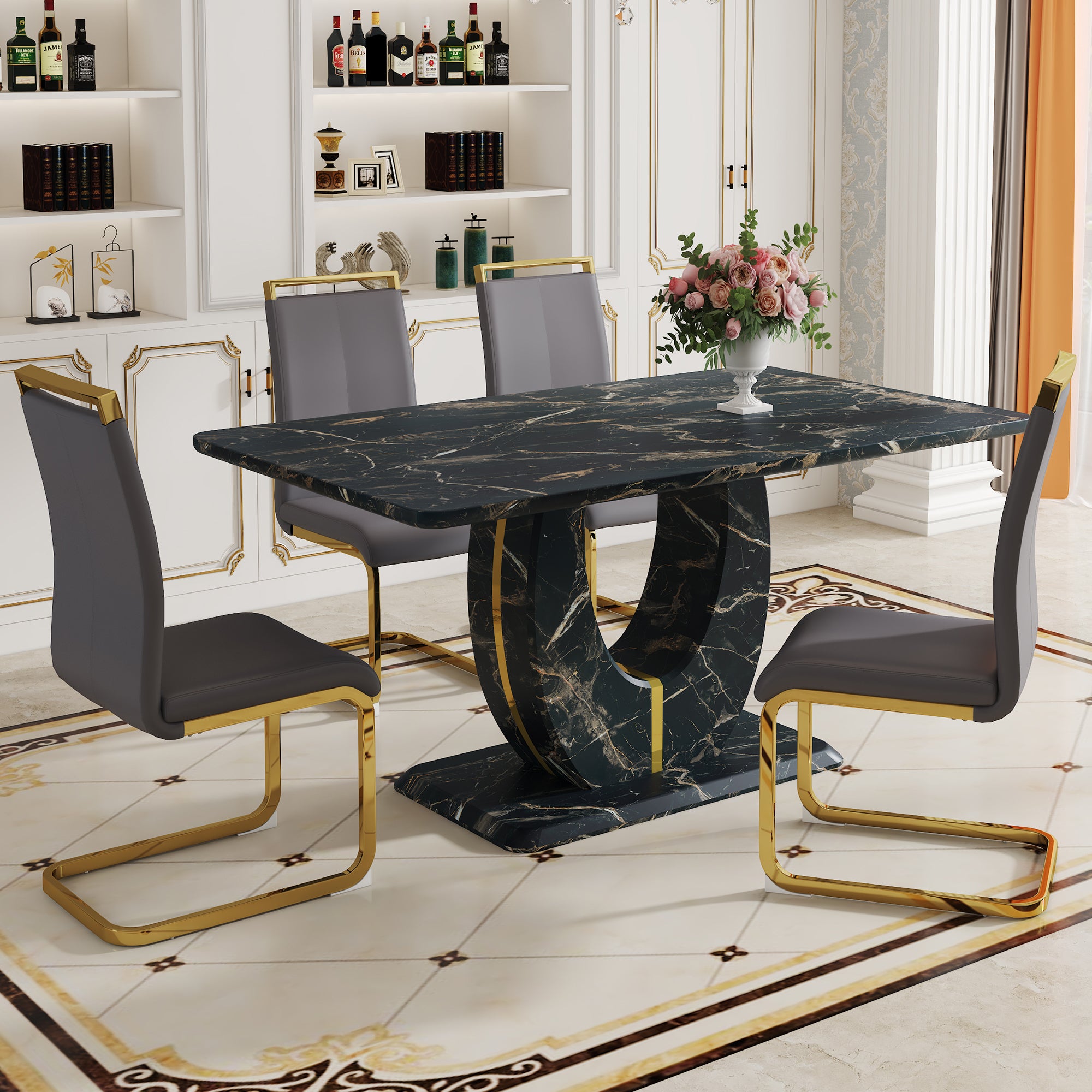Black Marble Dining Set with 4 Chairs