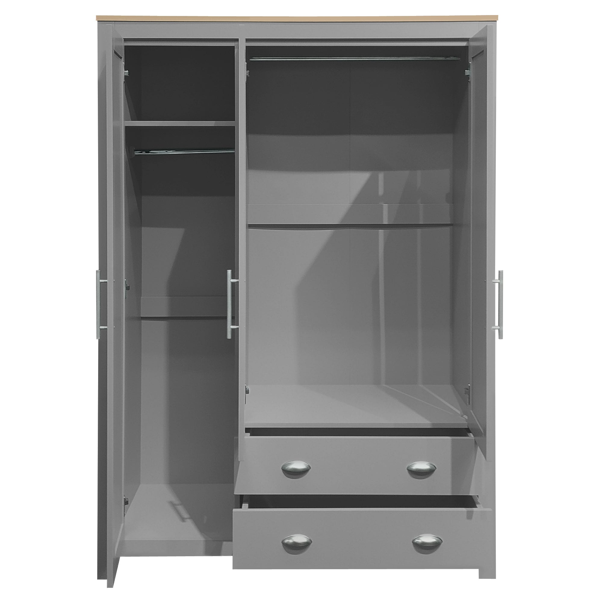 Gray 3-Door Storage Wardrobe, Cabinets & 2 Hanging Rods