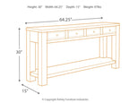 Black sofa table with three drawers and open lower shelf