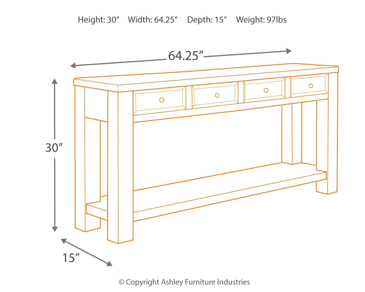 Black sofa table with three drawers and open lower shelf