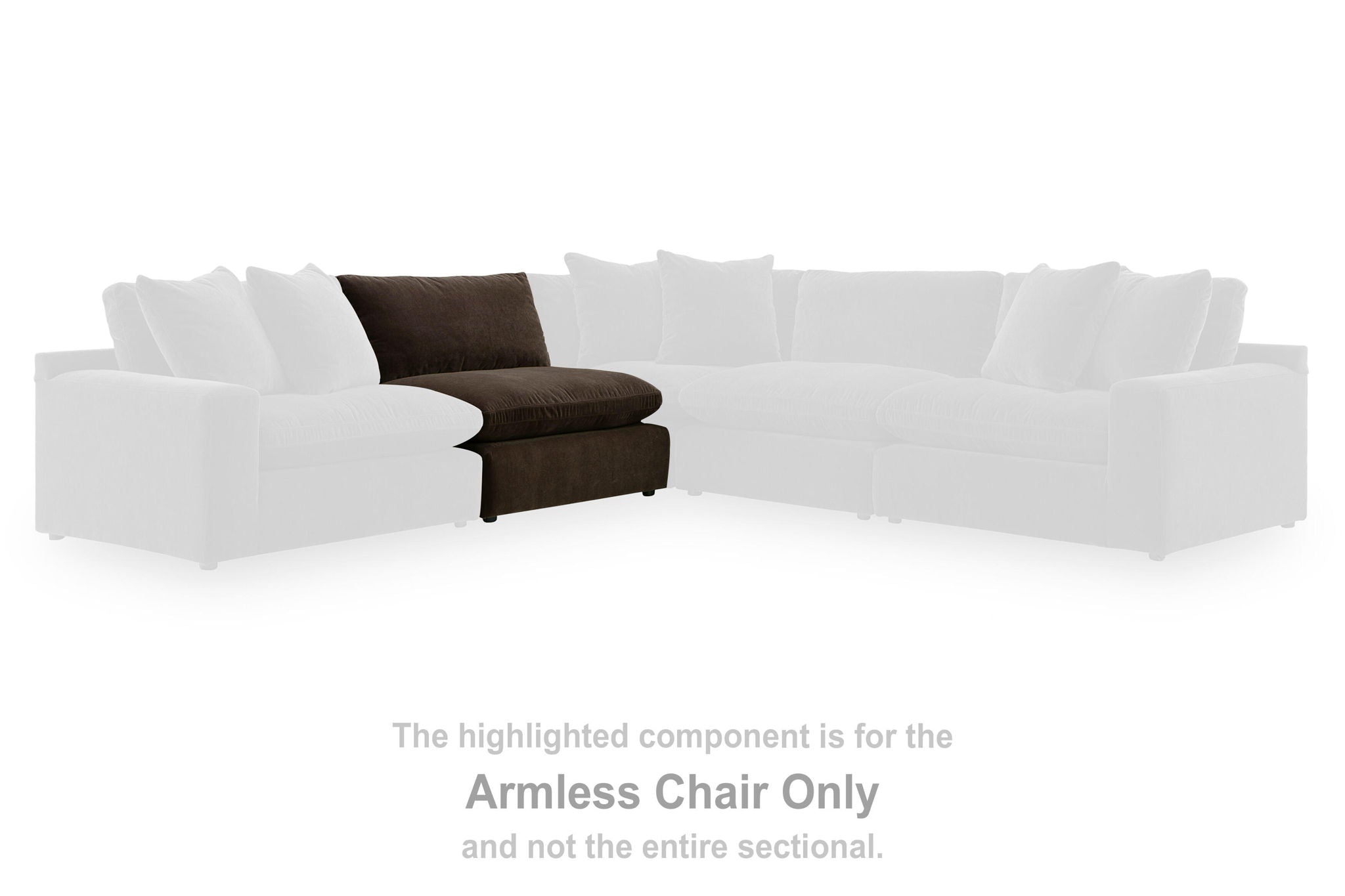 Armless chair in dark brown fabric shown as the arm-free component of a section