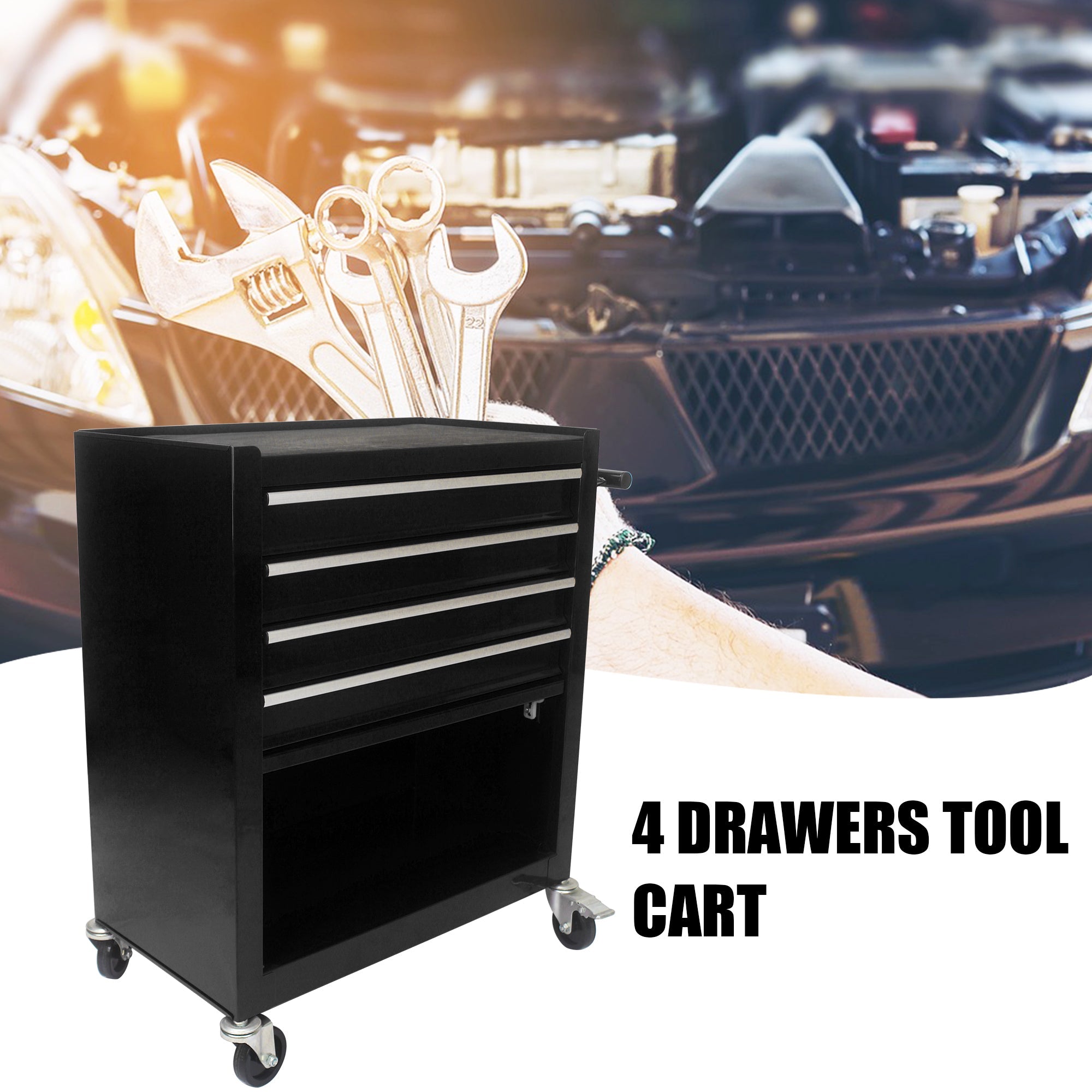 4-Drawer Multifunctional Tool Cart with Wheels - Black | Organize Tools Efficiently | Portable & Versatile