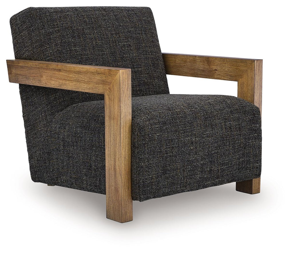 Charcoal fabric accent chair with slatted wooden arms and square legs