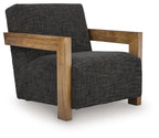 Charcoal fabric accent chair with slatted wooden arms and square legs