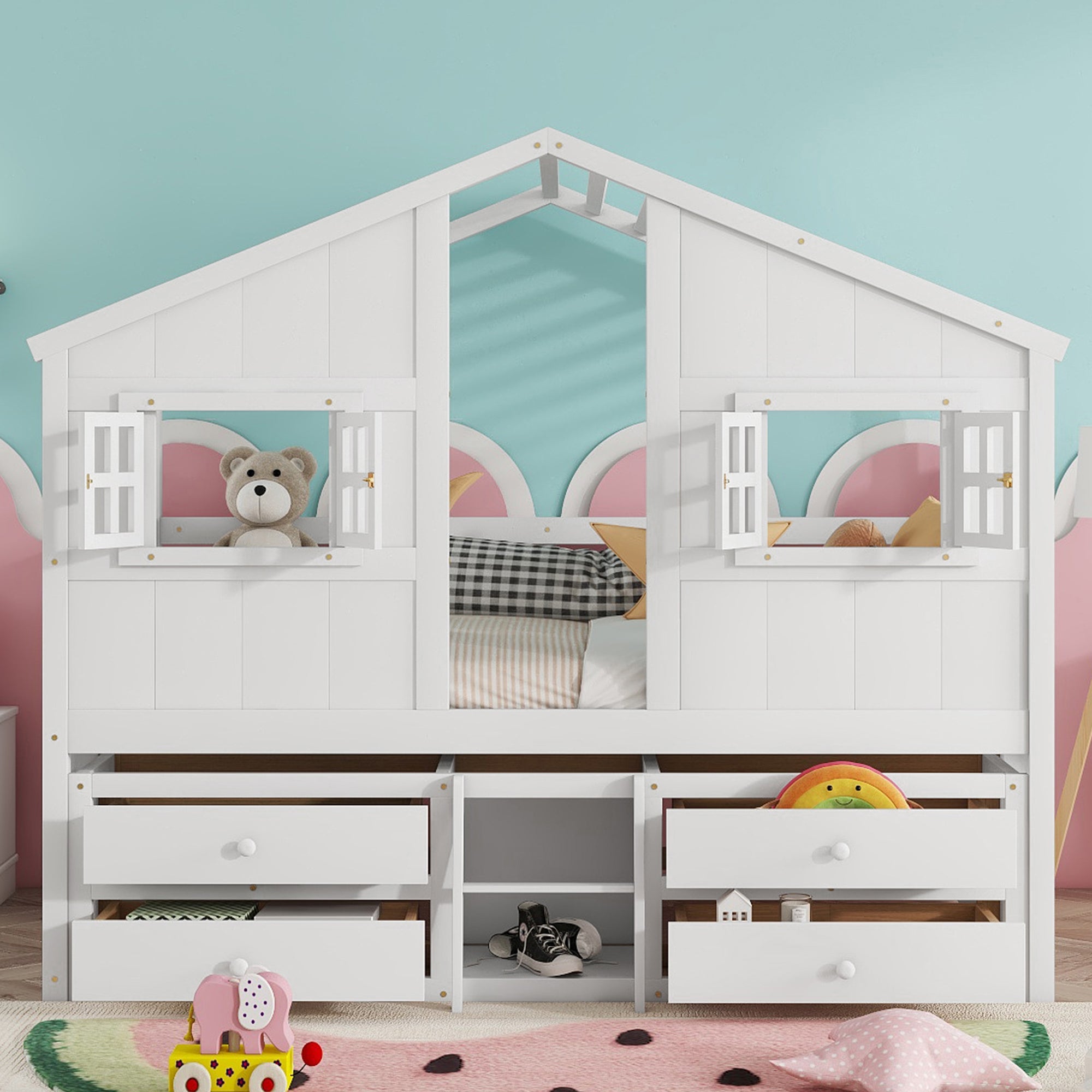 Full-Size Loft Bed w/ Roof, Windows & Drawers