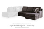 Dark charcoal right-arm sofa chaise with chaise ottoman and two accent pillows