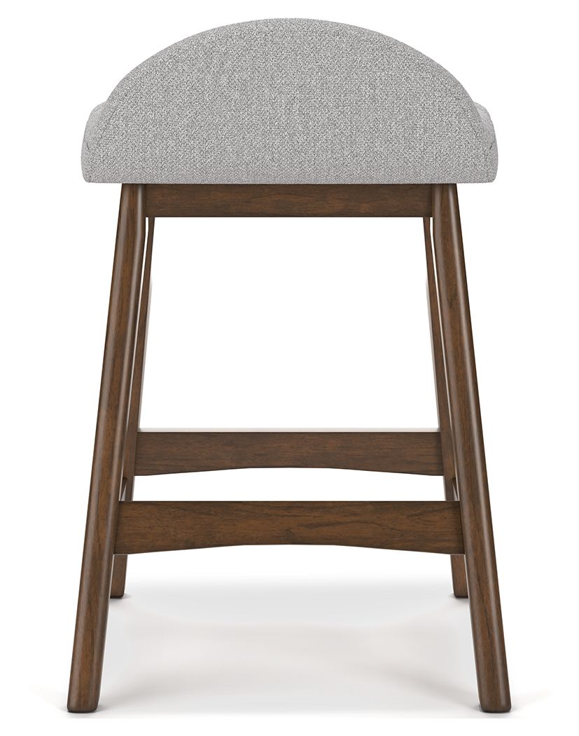 Upholstered barstool with rounded gray seat and back, dark wood legs