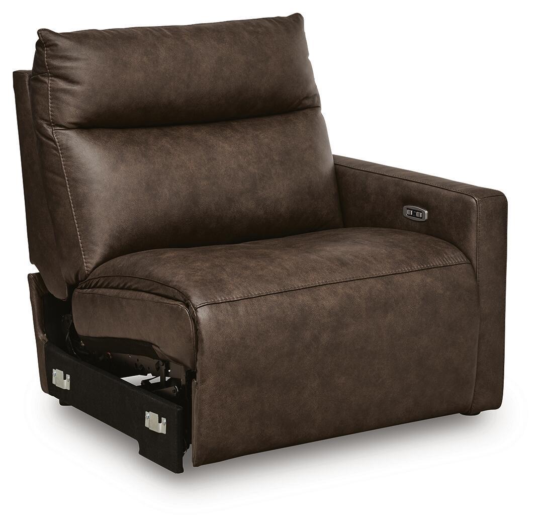 Power recliner chair with side control panel and padded armrests, dark brown fabric