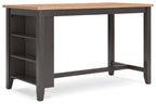 Rectangular dining counter with gray wood top and side cabinet with open shelf