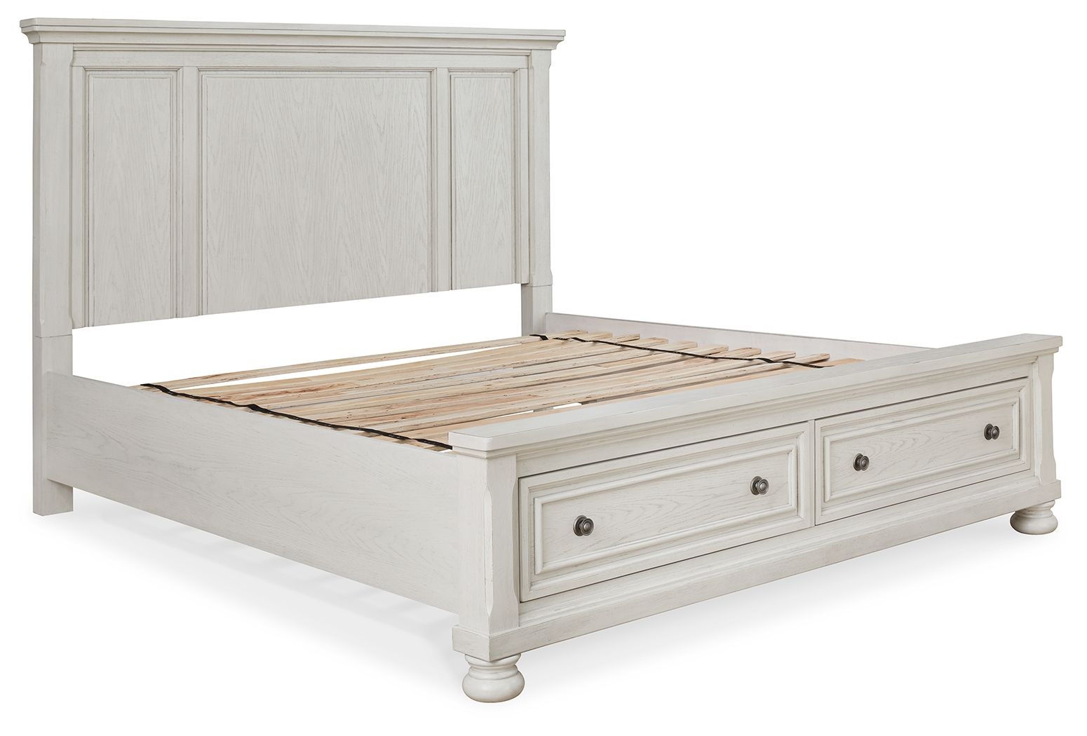 White panel storage bed with two drawers; platform raised to reveal storage
