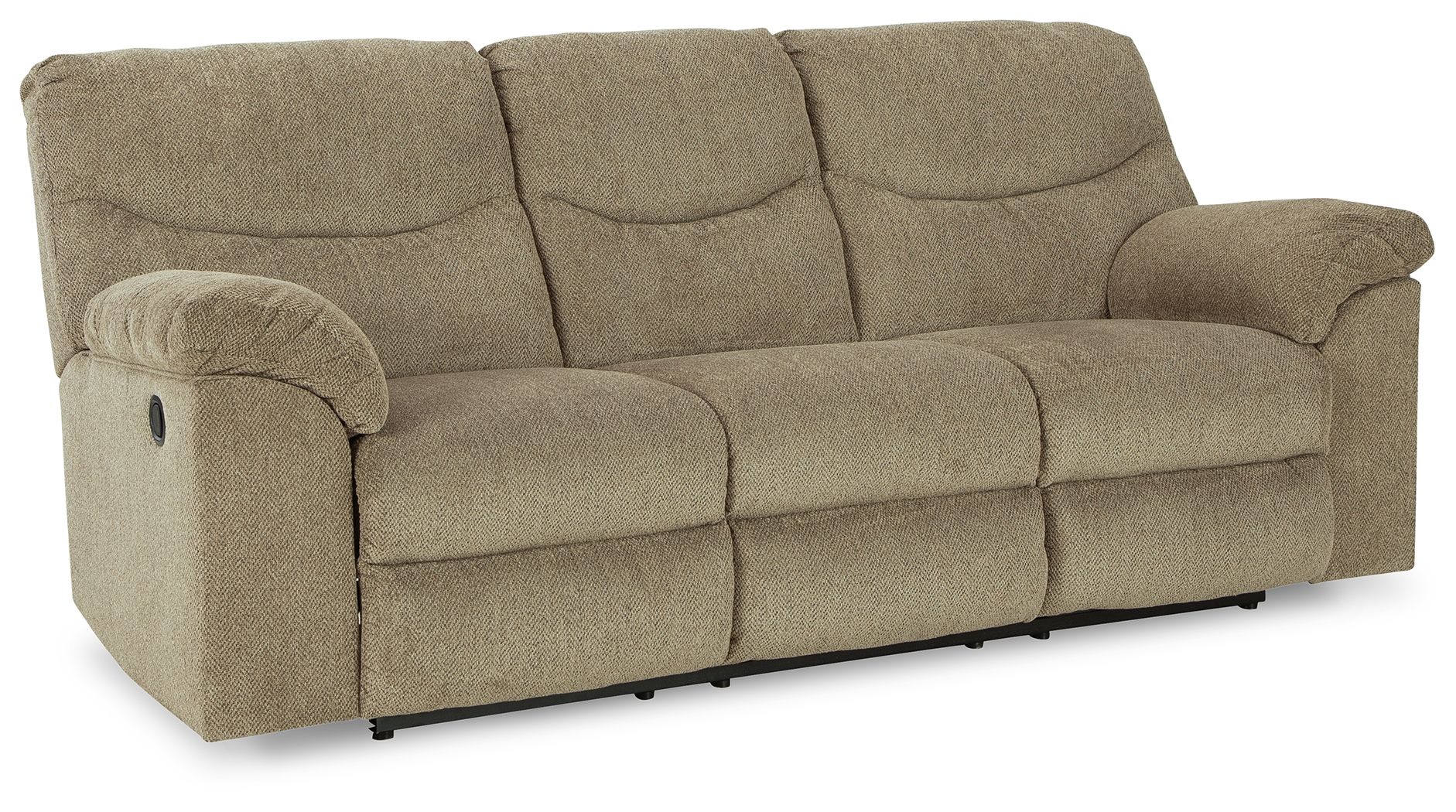 Reclining sofa with beige textured fabric, three seat cushions, and rolled armrests.