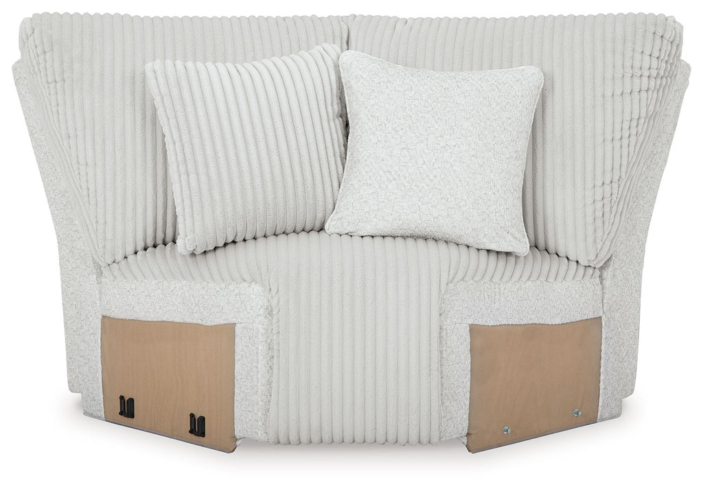 Light gray ribbed wedge sectional sofa with two back cushions and wood side panels