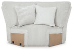 Light gray ribbed wedge sectional sofa with two back cushions and wood side panels