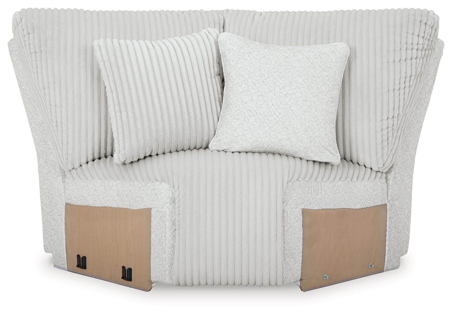 Light gray ribbed wedge sectional sofa with two back cushions and wood side panels