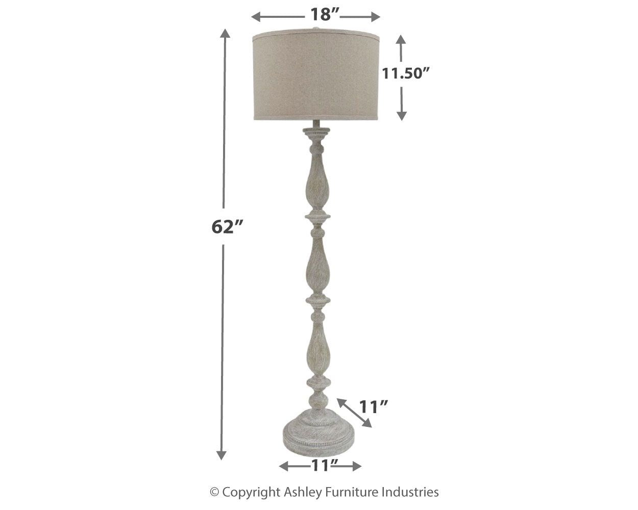 Whitewash poly floor lamp with beige drum shade and turned pedestal stem
