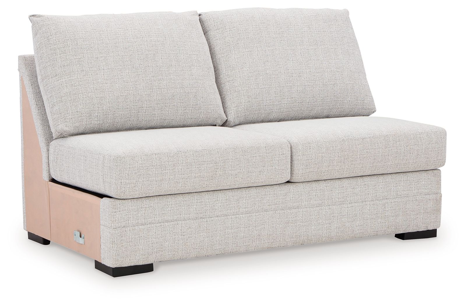Light gray armless loveseat with two seat cushions and tall back pillows