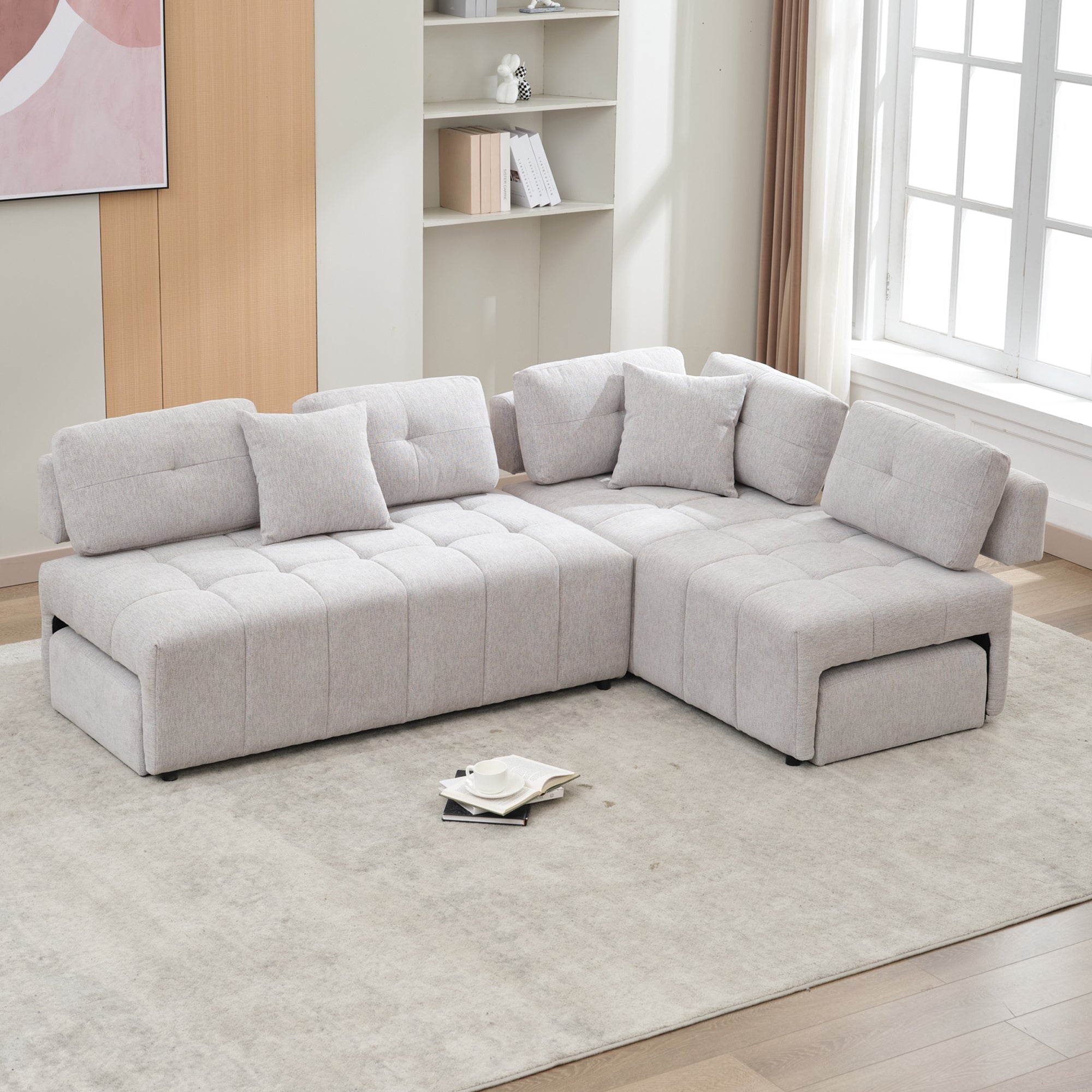 L-Shaped Sectional Sofa Couch w/ Stools & Pillows | Light Grey
