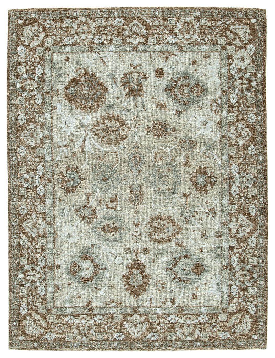 Memory foam rug with central medallion and ornate dark pattern on light cream
