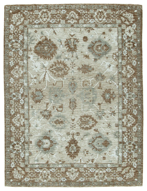 Memory foam rug with central medallion and ornate dark pattern on light cream