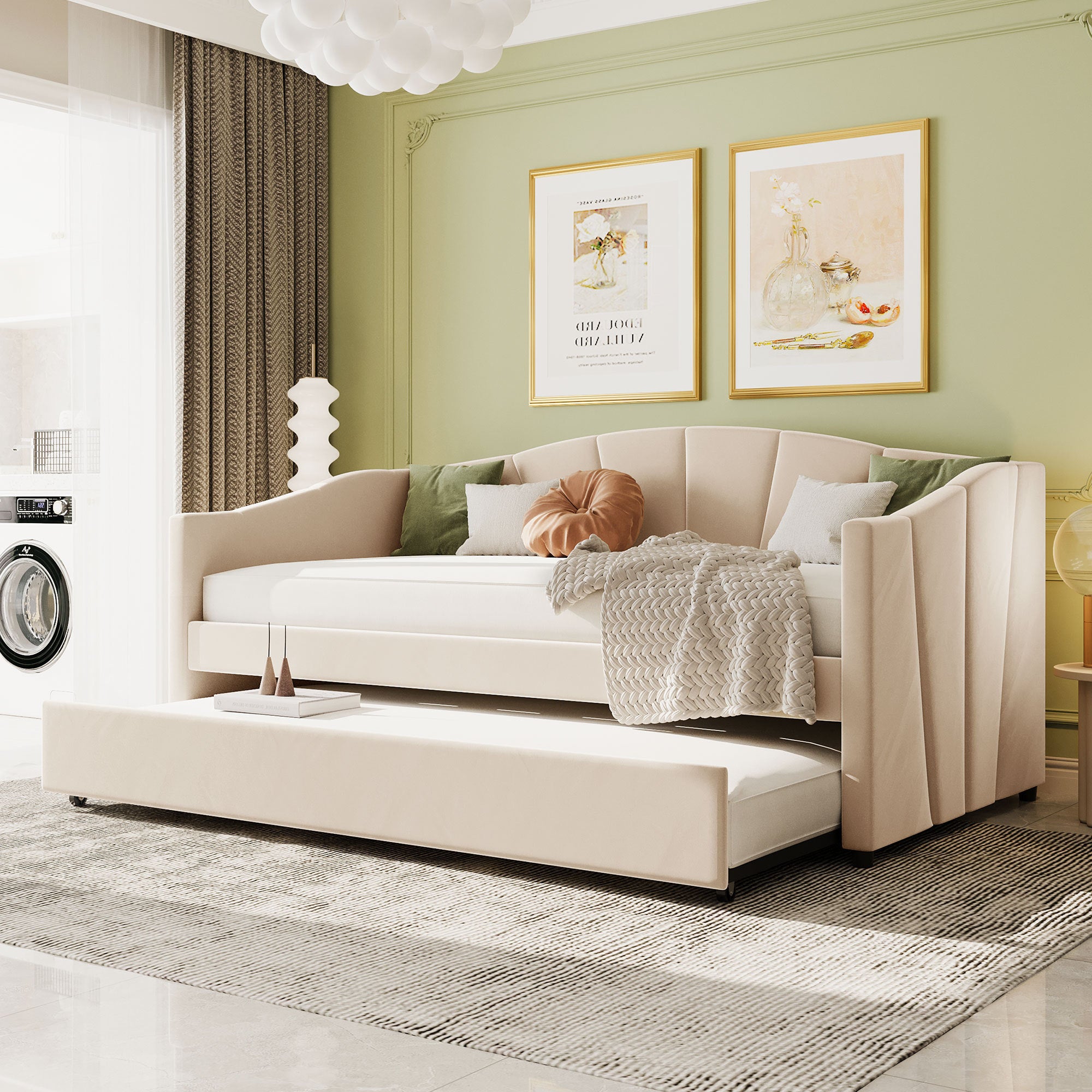 Beige Upholstered Twin Daybed with Trundle & Wood Slats – Sofa Bed