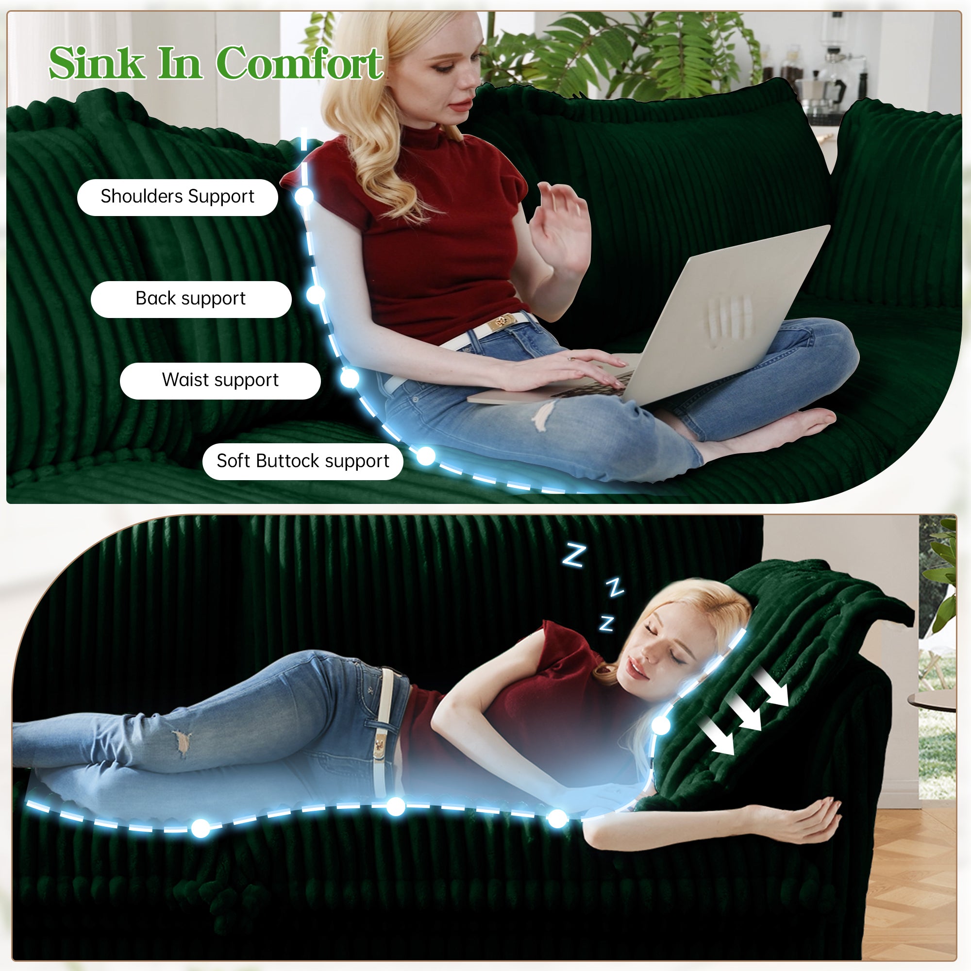 Green corduroy sectional sofa with supportive cushions for seated and napping comfort