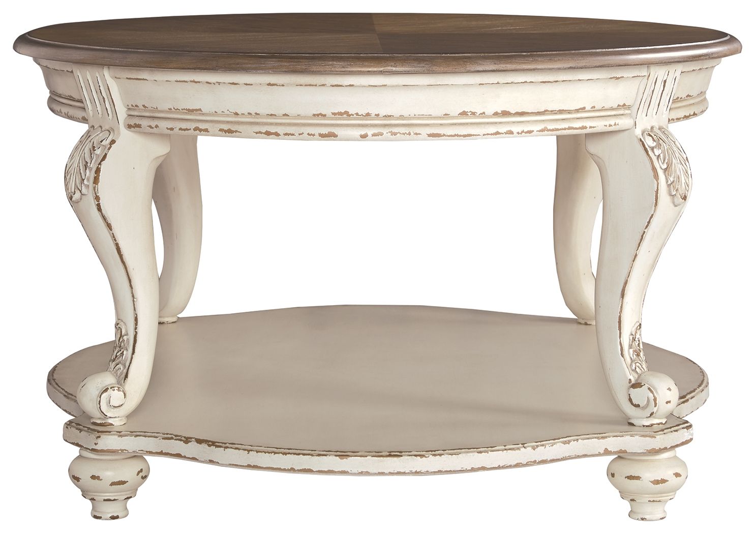 Oval cocktail table with white carved legs and brown wood top with lower shelf