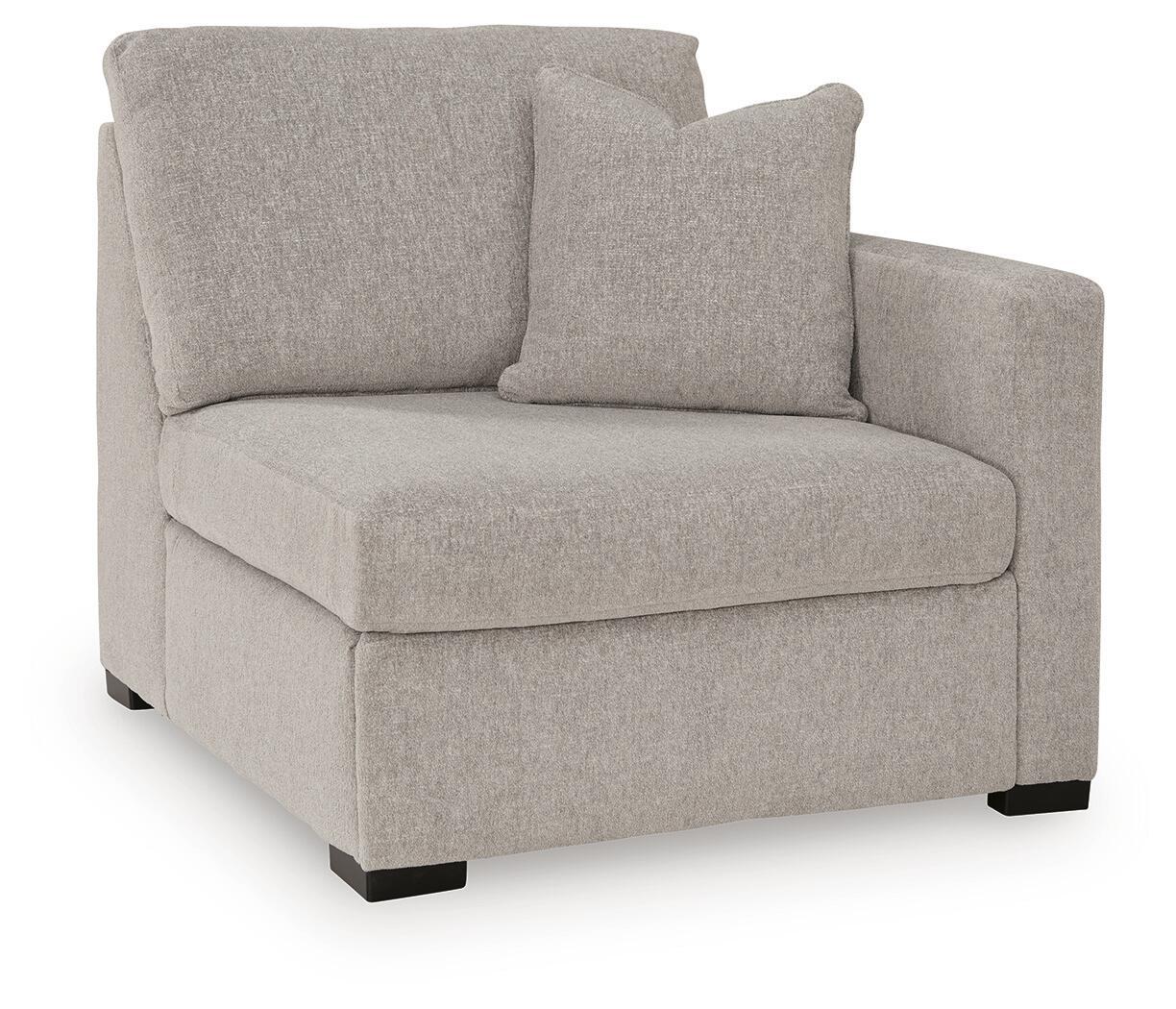Flint gray fabric corner chair with right arm, tufted seat back and black legs