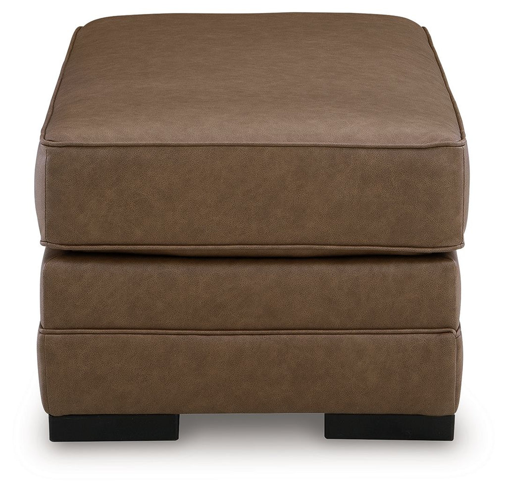 Caramel upholstered ottoman with square cushion top and solid block legs