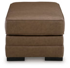 Caramel upholstered ottoman with square cushion top and solid block legs
