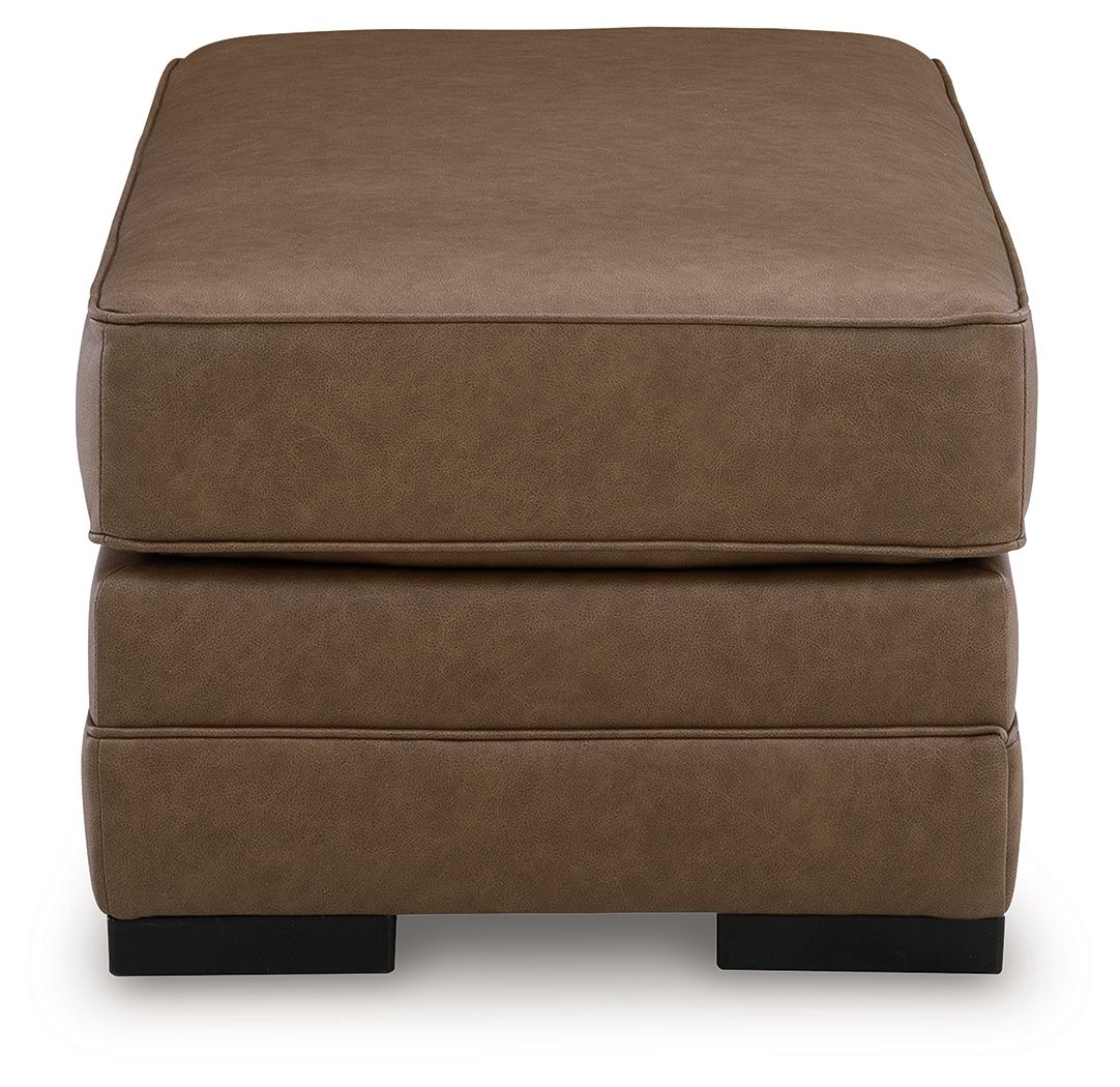 Caramel upholstered ottoman with square cushion top and solid block legs