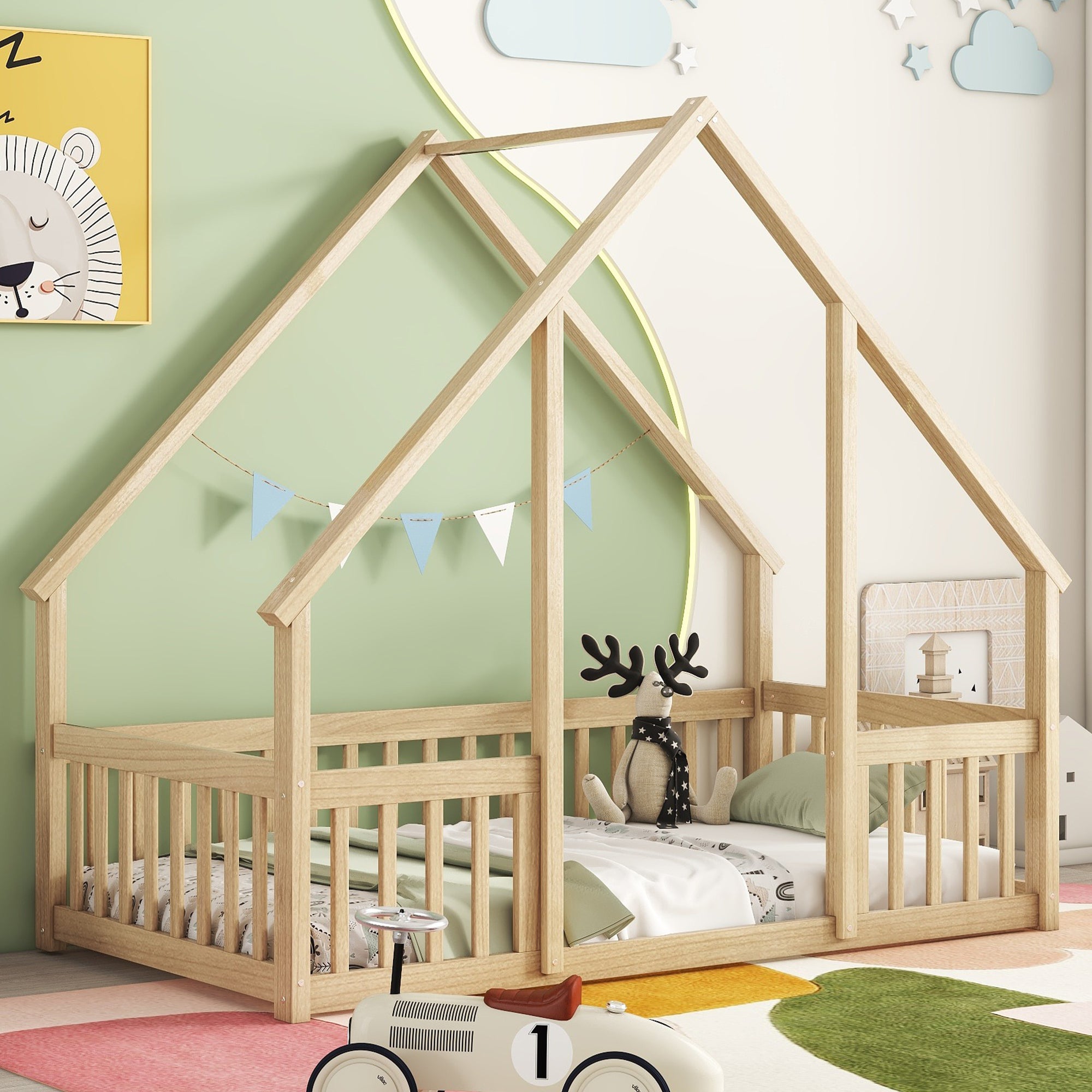 Twin Wood House Floor Bed with Fence & Guardrails, Natural